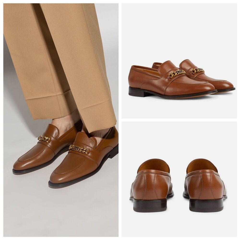 Gucci Chain Interlocking GG 9.5/ US 10 Loafer Brown Italian Leather Shoe NIB - Picture 4 of 13